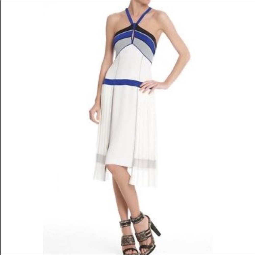 BCBG MaxAzria Runway Voletta dress blue/white/black pleated halter dress. Size M - Picture 2 of 8
